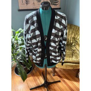 80s-90s Vintage Blue and Black Bold Checked LS Acrylic Cardigan by Barolo